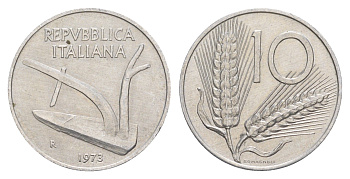 Италия 10 лир 1973 R, плуг, колосья KM 93 алюминий UNC 4551-811