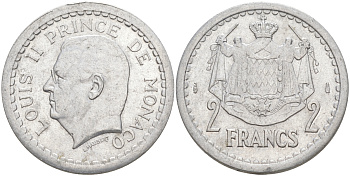 Монако 2 франка 1943 Луи II (1922-1949) KM 121 алюминий 190-545
