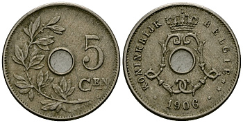 Бельгия 5 сантимов 1906 Belgie, Леопольд II (1865-1909) KM 55 медно-никель 4173-146
