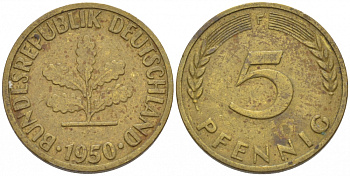 ФРГ 5 ПФЕННИГОВ 1950 F KM 107, J.382 сталь плакированная латунью 112-934