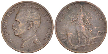 ИТАЛИЯ 1 ЧЕНТЕЗИМО 1909 R, МОНДВОР РИМ, ВИКТОР ЭММАНУИЛ III (1900-1946) KM 40 медь 4516-1037