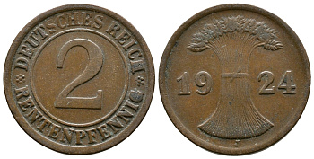 ГЕРМАНИЯ 2 РЕНТЕНПФЕННИГА 1924 J KM 31, J.307 бронза 86-1844