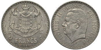 Монако 5 франков 1945 Луи II (1922-1949) KM 122 алюминий 1515-2045