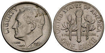 США 10 центов (дайм) 1967 Рузвельт KM 195a медь плакированная медно-никелем 4164-934