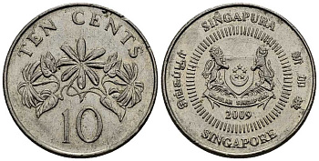 СИНГАПУР 10 ЦЕНТОВ 2009 KM 100 медно-никель 211-811