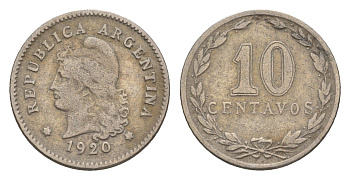 Аргентина 10 сентаво 1920 KM 35 медно-никель 4655-968