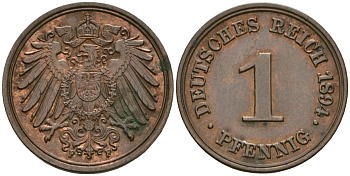 Германия 1 пфенниг 1894 F, Вильгельм II (1888-1918) KM 10, J. 10 медь 4608-212
