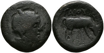 ДРЕВНЯЯ ГРЕЦИЯ, МАКЕДОНИЯ ПОД РИМСКИМ УПРАВЛЕНИЕМ АЕ 168 - 158 гг. до н.э. АФИНА ПАЛЛАДА / БЫК, ПЕЛЛА, FINE (RARE), 7,68 гр BMC 76 бронза 1073-10-33