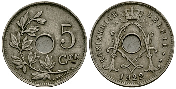 Бельгия 5 сантимов 1922 Belgie KM 67 медно-никель 4173-243