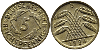ГЕРМАНИЯ 5 РЕЙХСПФЕННИГОВ 1924 G, KM 39, J. 316 алюминиевая бронза 4387-1155