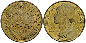 Франция 20 сантимов 1988 тип Marianne KM 930 медь алюминий никель 4135-627