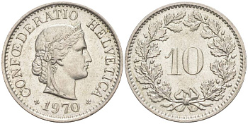 Швейцария 10 раппенов 1970 KM 27 медно-никель 55-434