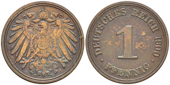 ГЕРМАНИЯ 1 ПФЕННИГ 1900 D KM 10, J. 10, Weege 2 медь 211-252