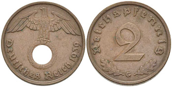 ГЕРМАНИЯ 2 РЕЙХСПФЕННИГА 1939 G KM 90, J. 362 бронза 261-1036