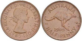 Австралия 1/2 пенни 1960 p, Елизавета II (1953- ), кенгуру KM 61 бронза 4514-837