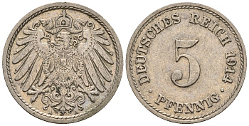 Германия 5 пфеннигов 1914 A, KM 11, J. 12 медно-никель 220-734