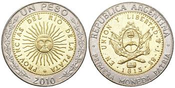 Аргентина 1 песо 2010 E, майское солнце, 8 эскудо 1813 KM 112.1, CJ 6.17, Schon?113 биметалл UNC 4364-3535