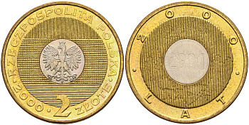 Польша 2 злотых 2000 MW, миллениум KM 374 биметалл UNC 4589-914