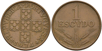 Португалия 1 эскудо 1974 KM 597 бронза 4574-343
