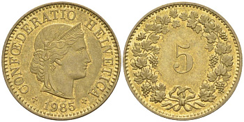 ШВЕЙЦАРИЯ 5 РАППЕНОВ 1985 KM 26с алюминий латунь 4549-354