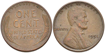 США 1 ЦЕНТ 1951 ЛИНКОЛЬН KM А132 медь цинк 218-232