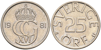 Швеция 25 эре 1981 Карл XVI Густав (1973- ) KM 851 медно-никель UNC 4585-525