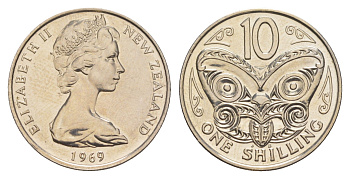 Новая Зеландия 10 центов 1969 Елизавета II (1952-2022), маска маори KM 35 медно-никель UNC 4652-634