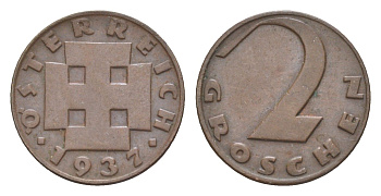 Австрия 2 гроша 1937 KM 2837 бронза 4564-552