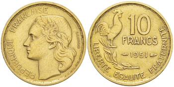 Франция 10 франков 1951 петух KM 915.1, Le Franc 363.4 алюминиевая бронза 4519-842