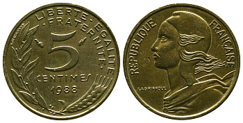 ФРАНЦИЯ 5 САНТИМОВ 1988 ТИП MARIANNE KM 933 медь алюминий никель 4381-623