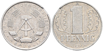 ГДР 1 пфенниг 1962 А, БРАК КРУЖКА KM 8.1 алюминий 4549-932