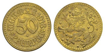 Веймар 50 пфеннигов 1918 Funck 586.3, Men18 33100.4 латунь UNC 1521-122