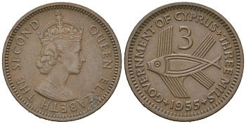 Кипр 3 миля 1955 Елизавета II (1952-2022), рыба KM 33 бронза 4152-623