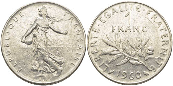ФРАНЦИЯ 1 ФРАНК 1960 СЕЯТЕЛЬ KM 925.1, LE FRANC 226.4 никель 175-456