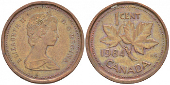 КАНАДА 1 ЦЕНТ 1984 ЕЛИЗАВЕТА II, КЛЕНОВЫЙ ЛИСТ KM 132 бронза 3851-1045