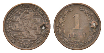 Нидерланды 1 цент 1900 Вильгельмина (1890-1948), с отверстием KM 107 бронза 72-1013