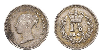 Великобритания 1 1/2 пенни 1843 Виктория (1837-1901) KM 728, Spink 3915 серебро    1531-1141