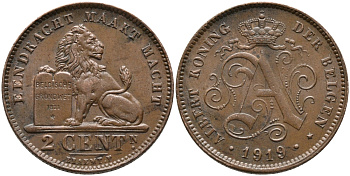 БЕЛЬГИЯ 2 САНТИМА 1919 BELGEN KM 65 медь 4390-1244