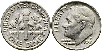 США 10 центов (дайм) 1982 P, Рузвельт KM 195а медь плакированная медно-никелем 46-2549