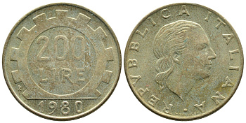 Италия 200 лир 1980 R, шестерня KM 105 алюминиевая бронза 4610-557