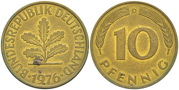 ФРГ 10 ПФЕННИГОВ 1976 D KM 108, J. 383 сталь плакированная латунью 219-457
