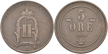 Швеция 5 эре 1888 Оскар II (1872-1907) король Швеции и Норвегии, малые цифры года KM 736 бронза 4557-523