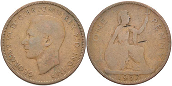 Великобритания 1 пенни 1937 Георг VI (1936-1952) KM 845, Spink 4114 бронза 215-712