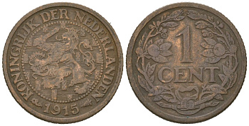 Нидерланды 1 цент 1915 Вильгельмина (1890-1948) KM 152 бронза 4615-567