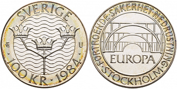 Швеция 100 крон 1984 Карл XVI Густав (1973- ), Стокгольмская конференция, в оригинальной упаковке KM 863 серебро UNC 1085-4-12