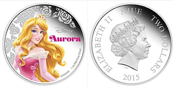 Ниуэ 2 доллара 2015 принцесса Аврора, эмаль, оригинальная упаковка KM NEW серебро PROOF 3-4-6-19