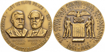 США МЕДАЛЬ 1961 ГРАЖДАНСКАЯ ВОЙНА, ГРАНТ И ЛИ 64 мм, 135,6 гр бронза UNC 1082-10-22