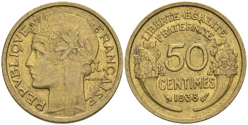 ФРАНЦИЯ 50 САНТИМОВ 1938 ТИП MORLON KM 894.1, LE FRANC 192.14 алюминиевая бронза 44-752