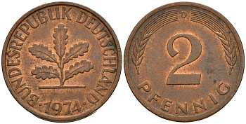 ФРГ 2 пфеннига 1974 D J.381a, KM 106a сталь плакированная медью    4598-819