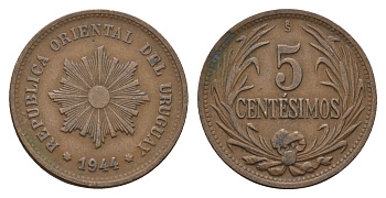 Уругвай 5 сентесимо 1944 KM 21a медь 91-435